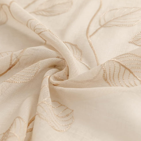 Topick Beige Sheer Leaf Curtain Kitchen Valance for Windows, Leaf Embroidered Voile Small Curtain 16 Inch