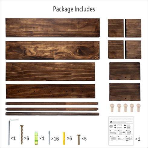 16 Inch Set 3 AZSKY Nursery Book Shelves Wall Floating Bookshelf with Hook Deep Walnut Hanging Book Shelf Toddler Room