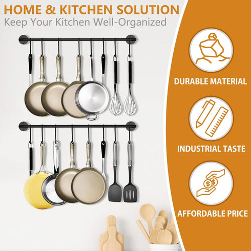 Black Steel Kitchen Utensil Rack Organizer, Wall-mounted Pot Pan Hanger Holder with 10 S Hooks