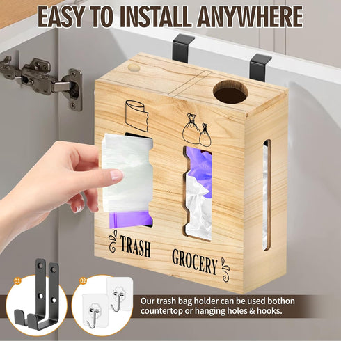 CMXZSAM 2 1 in Trash Bag Dispenser and Grocery Bag Holder, Large Wooden Plastic Bag Holder, Wall Mount Trash Bags