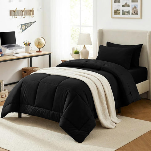 CozyLux Twin Comforter Set with Sheets Black, 5 Pieces Bed in a