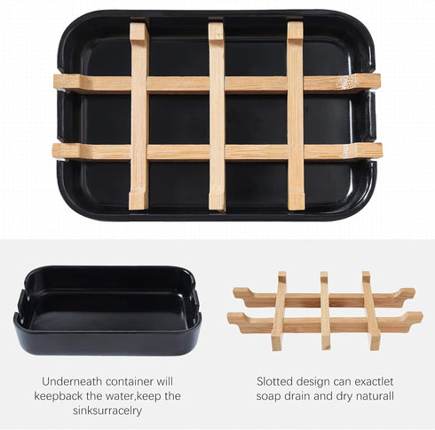 Soap Dishes for Bar Soap, Black Bamboo Bathroom Soap Holder for Shower and Sink