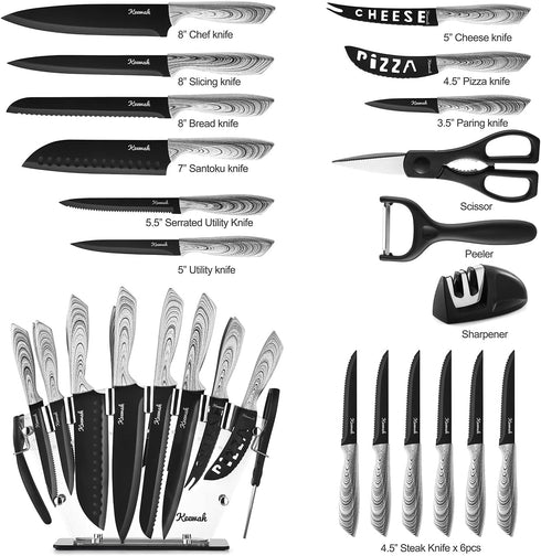Keewah 19 Pieces Kitchen Knife Set, 15 Stainless Steel Knives with Wood Texture Handle & Acrylic Stand