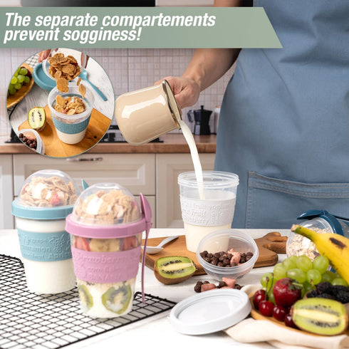 5 Pack On The Go Cereal Yogurt Cups with Lids and Spoon, Overnight Oats Container, Reusable Parfait Plastic Milk Jar