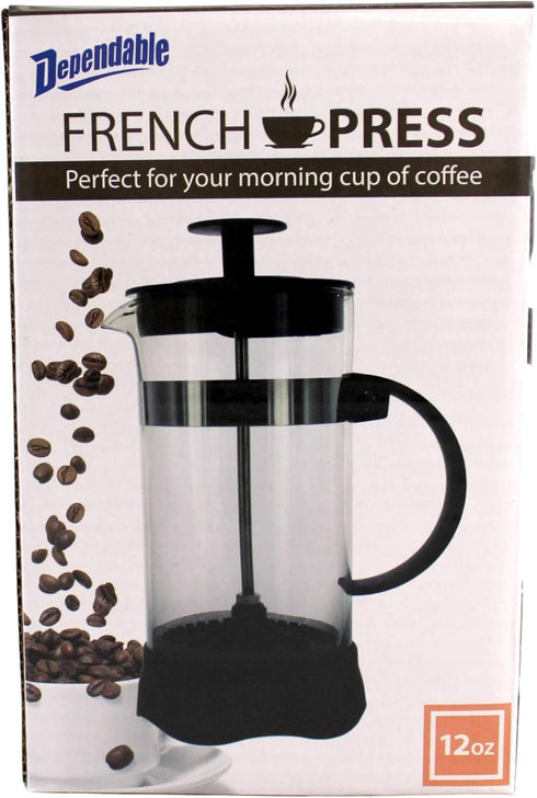 Dependable Industries Essentials 12 Ounce Glass French Press Coffee & Tea Brewer - Single Cup, 3 Cup Espresso, Compact