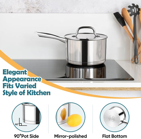 P&P CHEF 3 Quart Saucepan with Lid - Stainless Steel Small Cooking Pot for Induction, Ergonomic Handle & Tri-ply Base