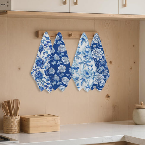 Blue Leaves 4 Pcs Artistic Floral Kitchen Towels, Traditional Art Decorative Absorbent Microfiber Dish Cloth Tea Towel