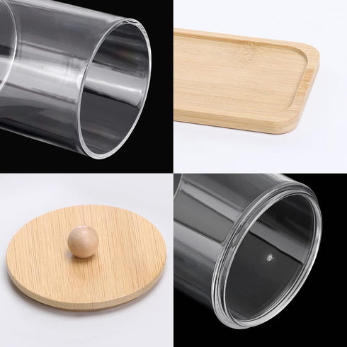 Tbestmax 10 Oz Cotton Swab Holder, Clear Apothecary Jar with Wood Lids, Bathroom Storage Dispenser 3 Pack