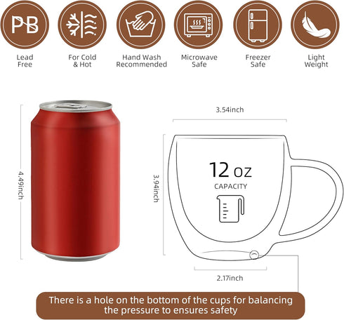 12oz(4-pack) CNGLASS Double Walled Glass Coffee Mugs,Insulated Glass Mugs with Handle,Clear Espresso Cups