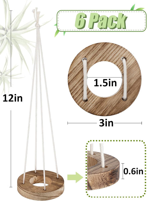 6 3" Pcs Hanging Wooden Air Plant Holder - Round Airplants Live Hanger with Ropes, Rustic Tillandsia Succulent Display