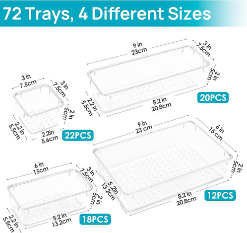 Vtopmart 72 PCS Clear Plastic Drawer Organizers Set, 4-Size Versatile Storage Bins for Makeup, Jewelry, Kitchen Utensils