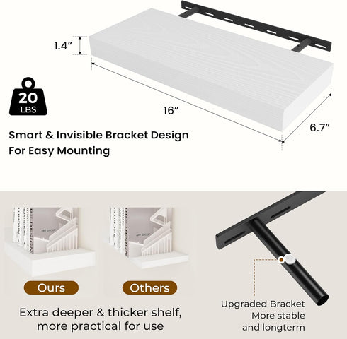 Dreamland 16 Inch White,6.7 Inch OfficeSet 2 Long Floating Shelves in Deep Floating Shelf for Wall,Large Display