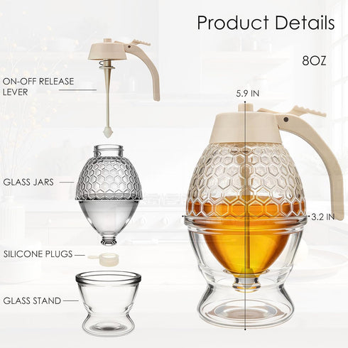 Ahhute Honey Dispenser, No Drip Glass Maple Syrup Dispenser with Stand, Reusable Honey Jars, Easy Pour Honey Pot