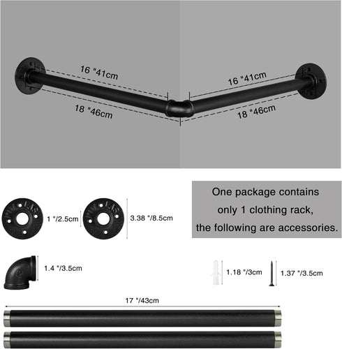 18.1" AddGrace Industrial Pipe Garment Rack Iron Wall Mounted Right Angle Corner Clothing Rack with Screws DIY Home