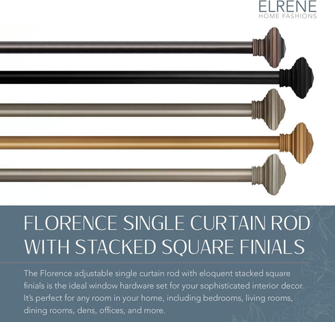Elrene Home Fashions Florence Single Curtain Rod with Stacked Square Finials, 1" Diameter, Antique Black (28X48)