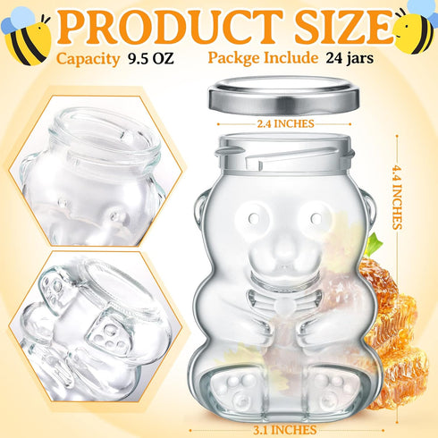 24 Pack 9.5 oz Patelai Glass Bear Shaped Honey Jars with Lids Reusable Small Tilted Bear Glass Bottles Containers