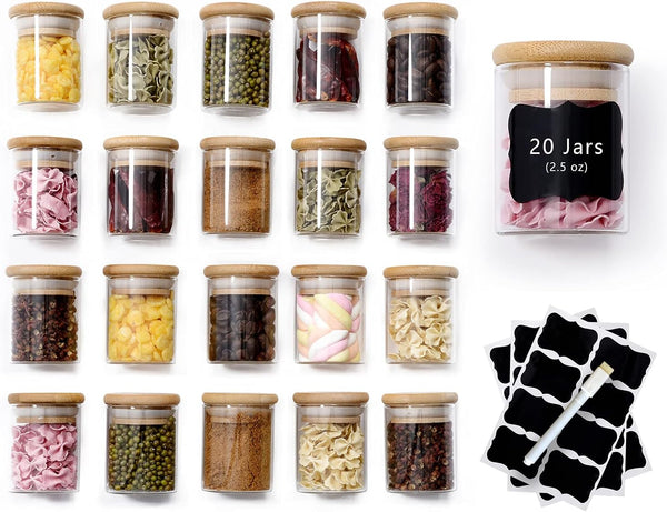 20 Pcs Glass Spice Jars with Airtight Bamboo Lids, Labels and Pen,