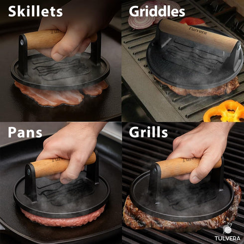 6.1 Smash Burger Press | Cast Iron Hamburger Smasher Tool | Flat-Edge Meat Press for Hamburgers, Bacon, Outdoor Kitchen