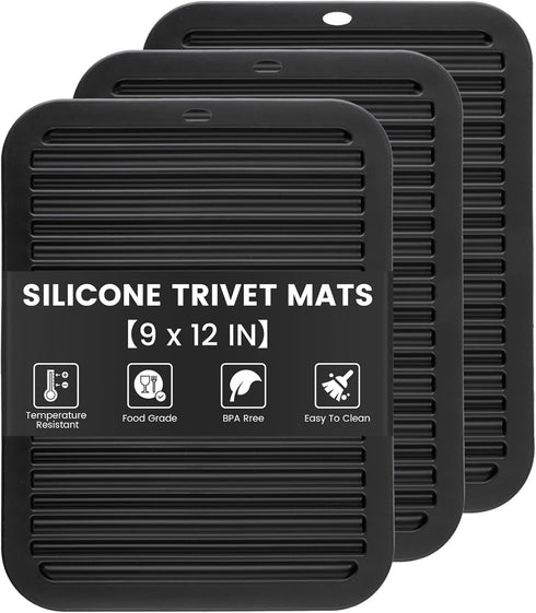3 PCS Black Silicone Trivets for Hot Pots and Pans, 9"x12" Heat Resistant Non-Slip Potholders for Kitchen Countertops