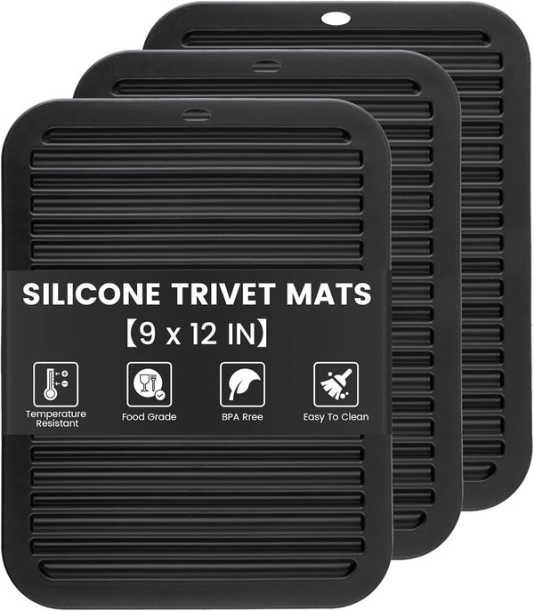 3 PCS Black Silicone Trivets for Hot Pots and Pans, 9"x12" Heat Resistant Non-Slip Potholders for Kitchen Countertops