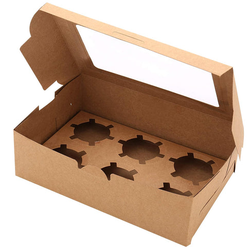 30-Set Cupcake Boxes with Inserts and Window, Brown Food Grade Kraft Holder for 6 Cupcakes, 9.4'' x 6.3'' x 3'', for