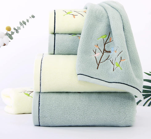 Pidada Set of 2 Hand Towels with Embroidered Bird Tree Pattern 100% Cotton for Bathroom