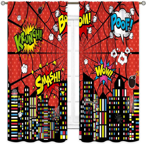 Superhero City Curtains for Kids - Red Spider Web Cityscape Blackout Window Curtains for Baby Room, 2 Panel Sets