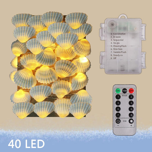 Natural Beach Seashell String Lights 13.85 Ft 40 Warm White LED Battery Operated Ocean Lights