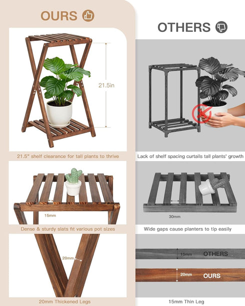 2 Plant Stand Indoor,Wooden Tier Plant Stands,Corner Square Plant Shelf,Rustic Flower Stand Tall Plant Holder