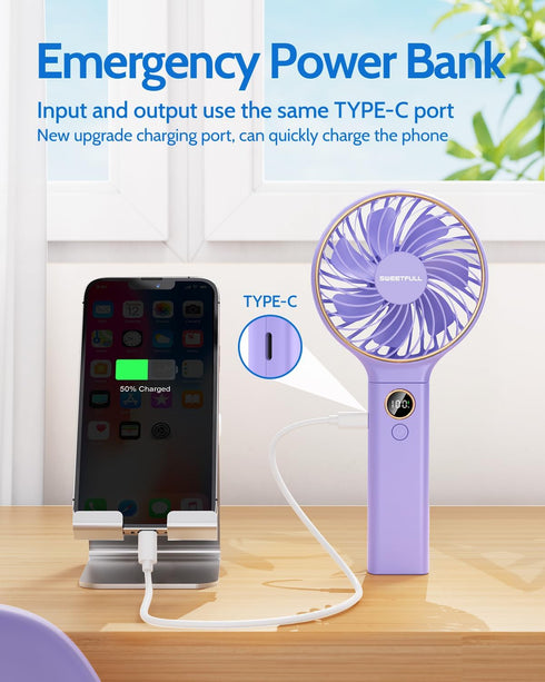 SWEETFULL Handheld Fan - Portable 5000mAh Rechargeable Battery Fan with 6 Speed Wind and LED Display for Travel