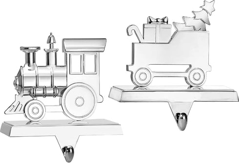 Klikel Train Stocking Hanger Set of 2 - Shiny Silver Metal Christmas
