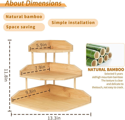 3-Tier HYNAWIN Bamboo Corner Desk Organizer Shelf, Triangle Storage Rack for Office & Home, Space-Saving Desktop Shelf