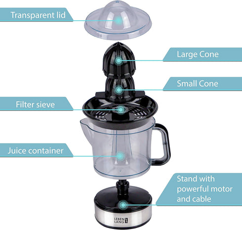 Electric Juicer for Max Juice Yield, Citrus Juicer with 2 Cones, 40W Automatic Lever Press Extractor