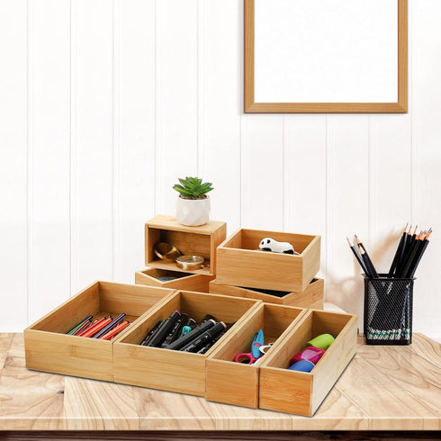 Lawei 8 Pieces Bamboo Drawer Organizer Boxes, Stackable Storage Tray for Kitchen, Bathroom, Office Desk