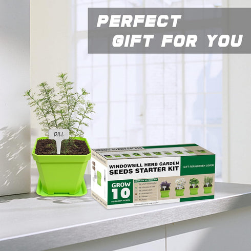 10 Set Meekear Herb Seeds Garden Starter Grow Kit with Green Pots, Markers, Soil Discs, Watering, Herb Clipper