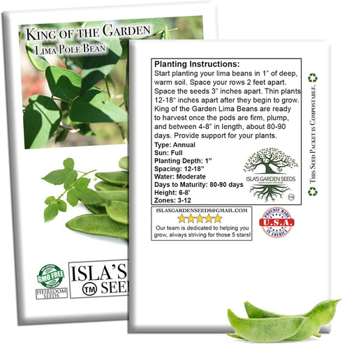 25+ King of The Garden Lima Bean Seeds (Pole Lima, Phaseolus lunatus) Non GMO Heirloom Seeds by Islas Garden Seeds
