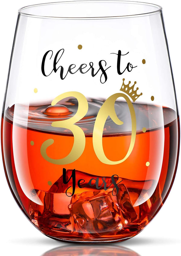 Cheer to 30 Birthday Stemless Wine Glass, 30th Birthday Wine Glass Present for Men Women, 17 oz