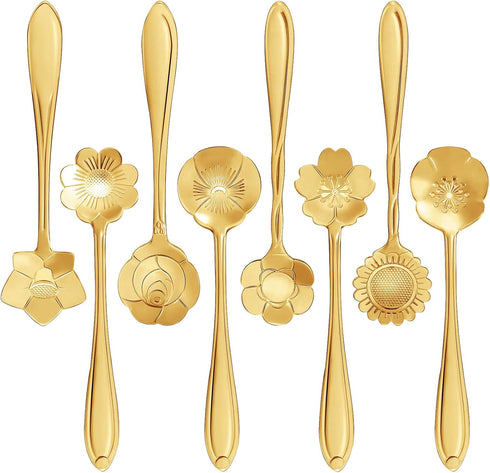 Maitys 16 Pieces Gold Stainless Steel Flower Coffee Spoon Set, Dessert Spoon, Sugar Spoon, Ice Cream Spoon for Kitchen