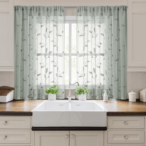 HOMEIDEAS Sage Green Sheer Curtains, 52 x 54 Inch Length, 2 Panels Embroidered Leaf Pattern for Bedroom and Kitchen