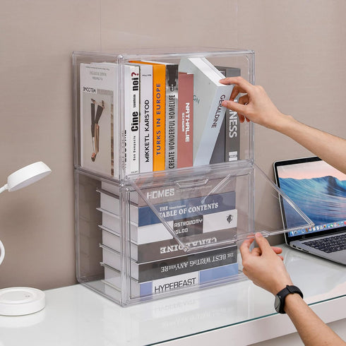 FABROK Clear Book Storage Organizer Box - Plastic Stackable Book Display Case with Magnetic Door - Assemble Storage