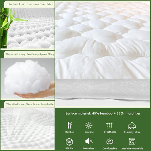 GRT Cooling Mattress Pad Cover - Rayon from Bamboo Full Size, Extra Thick Quilted Fitted Topper with 19 Inches Deep