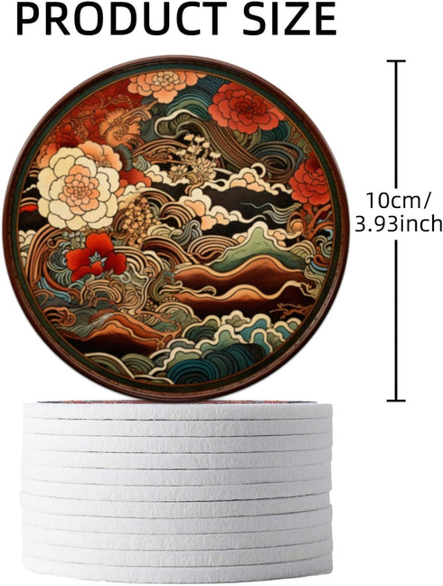 Trillionn 12 Pack Felt Cup Coasters for Drink, Absorbent Coasters for Coffee, Japonisme Pattern Design Drink Coasters