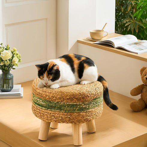 Handwoven Round Ottoman, Natural Water Hyacinth Outdoor Patio Pouf Seagrass Low Stool with Wood Legs, Soft Padded