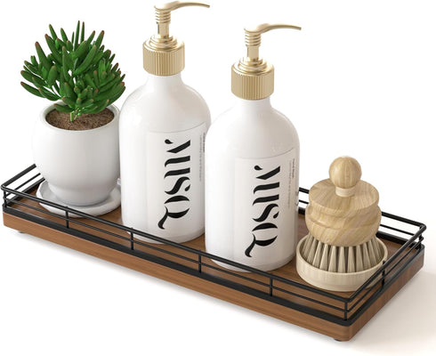 Oak Wooden Kitchen Soap Tray, 11" Sink Countertop Organizer for Soap, Sponge, Spice, and Decorative Tray