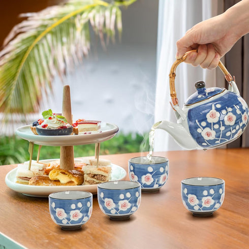 Set, 4 Japanese Tea Ceramic Floral Tea Pot and Pieces Cups with Infuser Bamboo Handle, Traditional Bone China Teapot