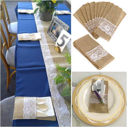OwnMy Natural Burlap Utensil Holders, Beige 30 Packs Burlap Lace Silverware Holder for Vintage Rustic Wedding Party