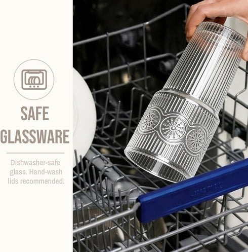 20oz Set 4 SoulTimes Ribbed & Floral Glass Tumbler of Reusable Glass Cups with Lid and Glass Straw, To-Go Iced Coffee
