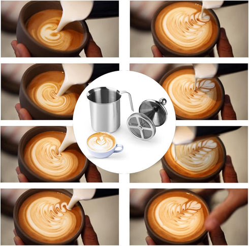 14-Ounce Stainless Steel Manual Milk Foamer, Hand Pump Frothing Pitcher for Cappuccino and Latte