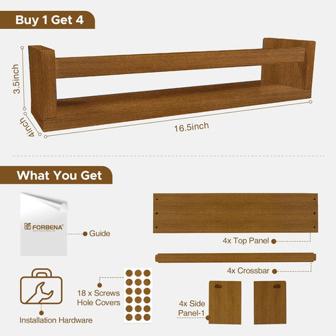 4-Pack) Forbena Walnut Brown Nursery Bookshelf Wall Mounted, Wooden Floating Book Shelves for Wall, Nursery Hanging