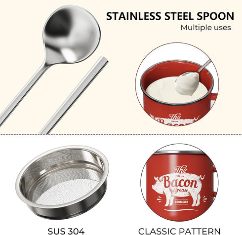 15OZ PGYARD Mini Bacon Grease Container With Strainer - Enamel Grease Saver, Farmhouse Bacon Grease Keeper For Kitchen